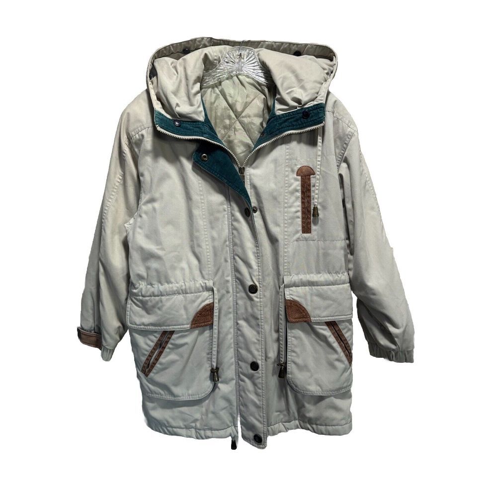 Fleet Street Beige/Green Jacket Pockets Collar Hood Zip/Snap Up Lined See Measur